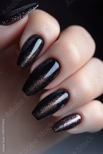 Elegant black and glittery manicure showcasing long, sharp nails against a da...