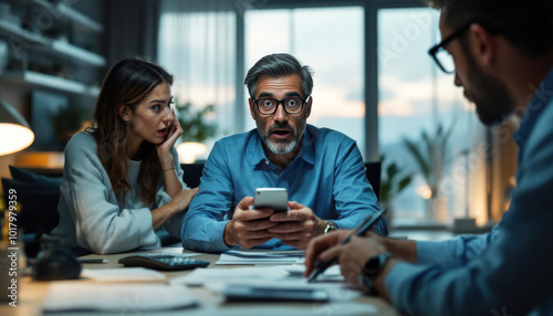 Fixant l'écran de son téléphone, ses yeux se plissent sous l'effet du choc. Ses collaborateurs compatissent.