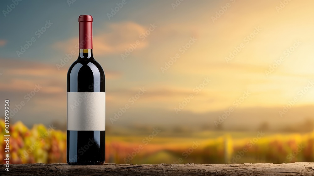 Fototapeta premium Elegant Red Wine Bottle on Wooden Surface at Sunset