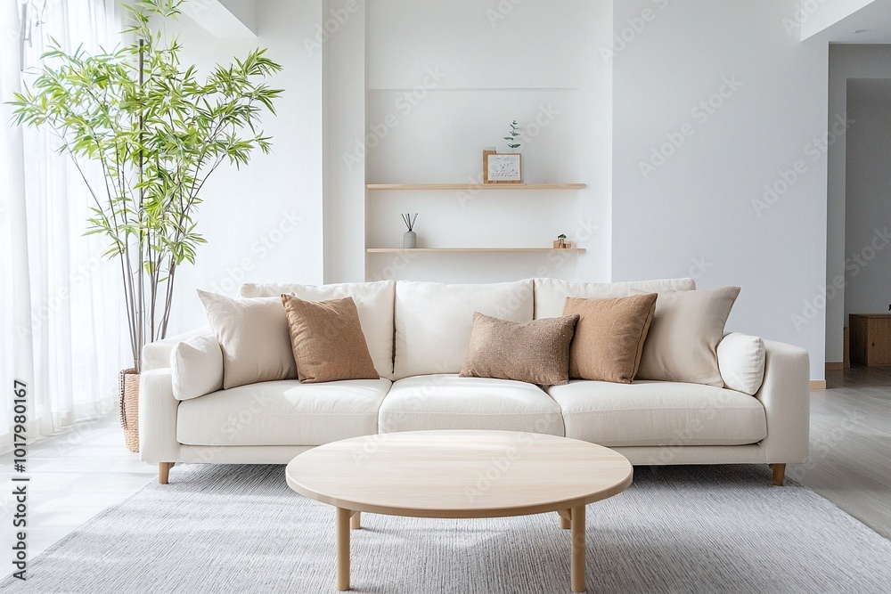 Minimalist, modern japandi interiors in the living room with wood shelves on white walls and sofas, cushions, and wood tables. Generative AI
Minimalist, modern japandi interiors in the living room with wood shelves on white walls and sofas, cushions, and wood tables. Generative AI