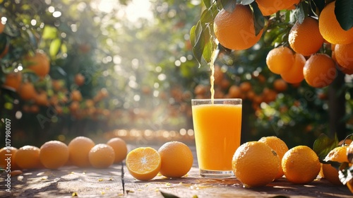 Freshly squeezed orange juice being poured into a glass among ripe oranges in...