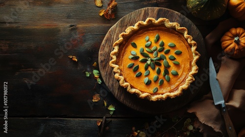 Delicious homemade pumpkin pie with garnished topping on a rustic wooden table