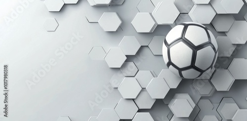 A soccer ball resting on a geometric pattern of hexagons in a monochrome style