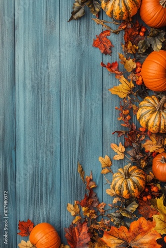 Colorful autumn harvest arrangement with pumpkins and leaves on a vibrant blue wooden background photo