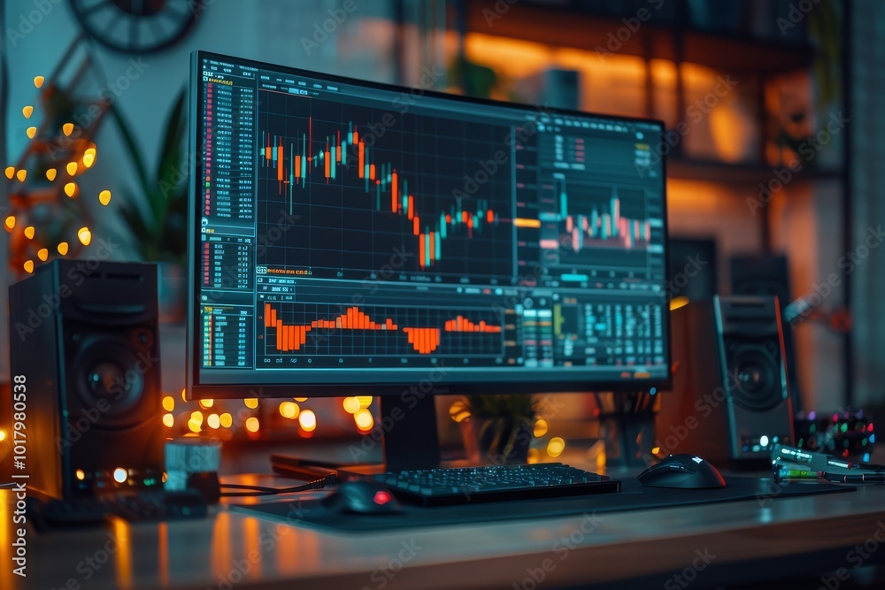 Digital stock market trading screen displaying financial data and candlestick chart on a computer monitor in a business office, captured with bokeh background. Digital stock market trading screen displaying financial data and candlestick chart on a computer monitor in a business office, captured with bokeh background.