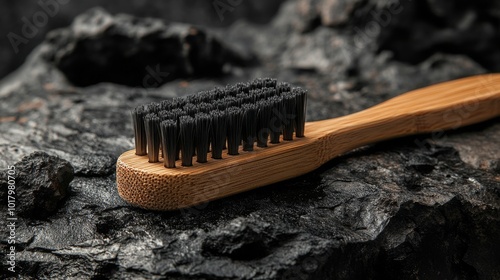 Bamboo toothbrush resting on a textured black stone surface in natural light