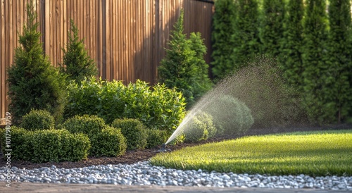 Sprinkler watering lush garden with vibrant greenery and landscaped rocks dur...