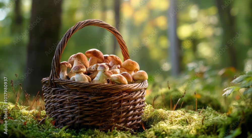 Gathering fresh mushrooms in a woven basket during a sunny autumn afternoon in the forest