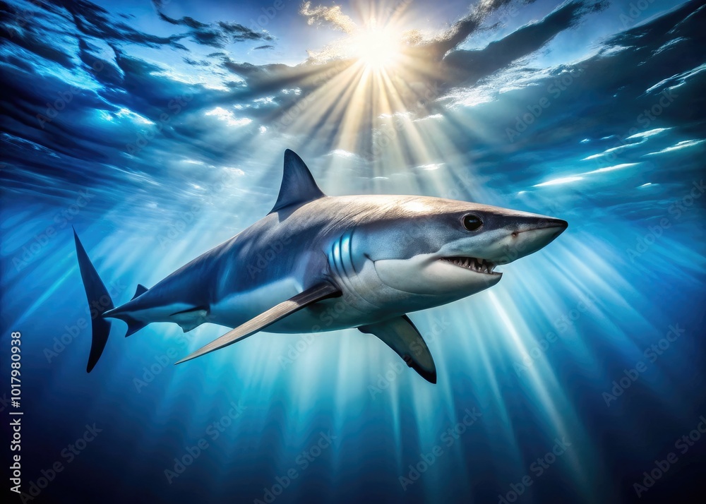 Fototapeta premium Majestic Mako Shark Swimming Gracefully in Clear Blue Ocean Waters with Sunlight Filtering Through