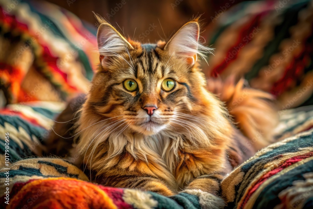 Majestic Maine Coon Cat Relaxing on a Cozy Blanket with Soft Lighting and Gentle Shadows Majestic Maine Coon Cat Relaxing on a Cozy Blanket with Soft Lighting and Gentle Shadows
