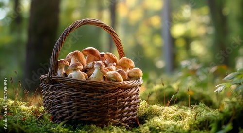 Gathering fresh mushrooms in a woven basket during a sunny autumn afternoon i...