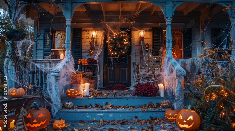 Naklejka premium Halloween themed front porch with cobwebs, spider webs, and spooky decorations, featuring a festive and eerie atmosphere.