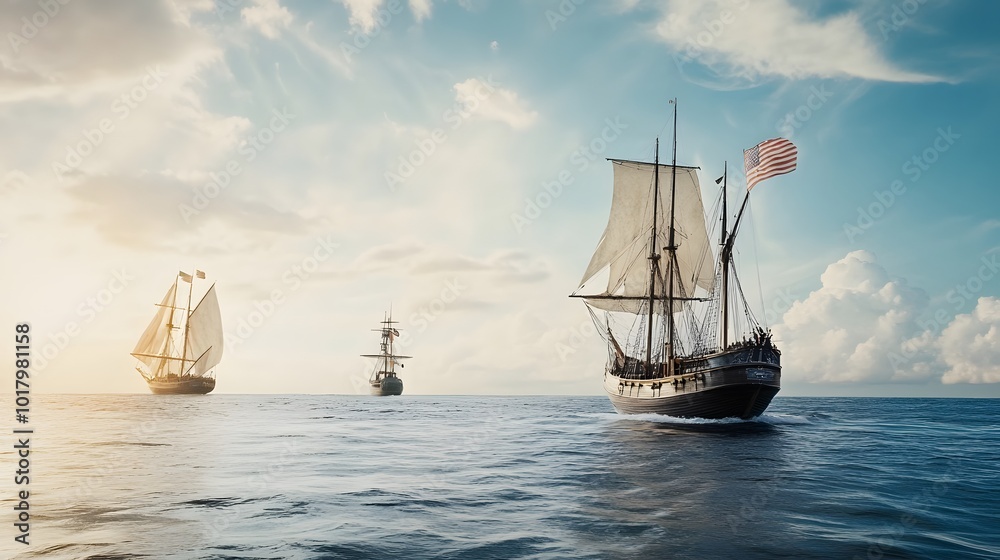 Three sailing ships on the open ocean with a blue sky and white clouds. Three sailing ships on the open ocean with a blue sky and white clouds.