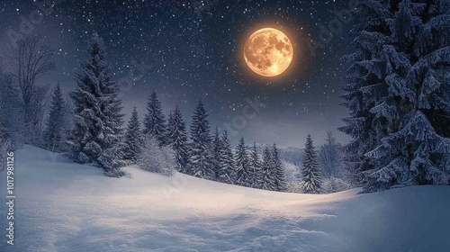 A snowy winter night illuminated by a full moon over a tranquil forest landscape