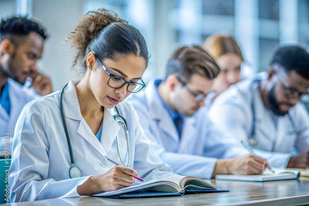 Group of medical students in lecture hall are studying medicine. Interns, future doctors and nurse with educational information. People in medical uniform. Healthcare workers Group of medical students in lecture hall are studying medicine. Interns, future doctors and nurse with educational information. People in medical uniform. Healthcare workers