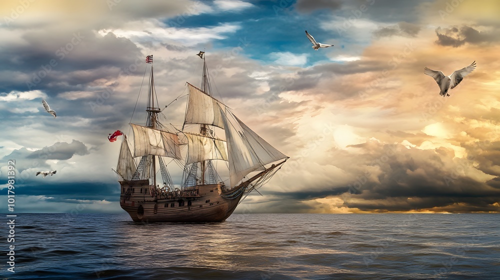 Obraz premium A majestic sailing ship cuts through the waves under a dramatic sky.