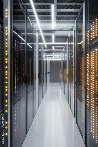 Modern data center corridor with illuminated racks and sleek design in a tech...