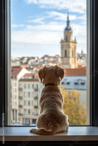 A dog gazes out the window at a cityscape with historic buildings on a cloudy...