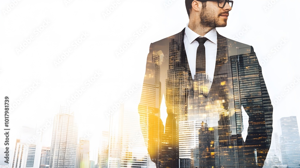 A man in a suit stands with a city skyline superimposed over him. A man in a suit stands with a city skyline superimposed over him.