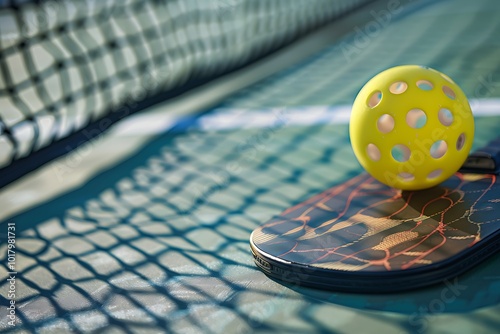 A pickleball paddle and ball resting on a court with detailed textures set against a blurred background of the net and lines