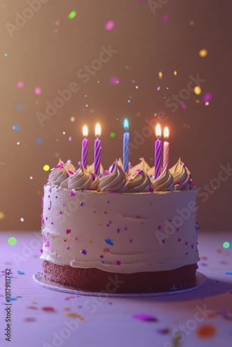 A beautifully decorated chocolate birthday cake with glowing candles at an ev...