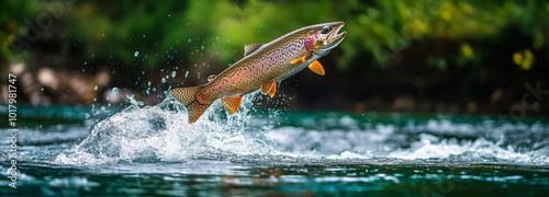 A rainbow trout leaps from the water in a tranquil river during sunset, surro...