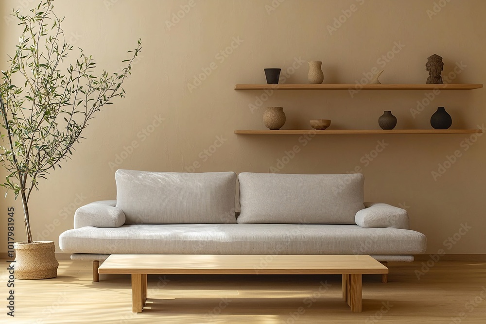 Minimalist, a modern japandi interior photo of a living room with light base walls with wood shelves and sofas and tables. Generative AI
Minimalist, a modern japandi interior photo of a living room with light base walls with wood shelves and sofas and tables. Generative AI