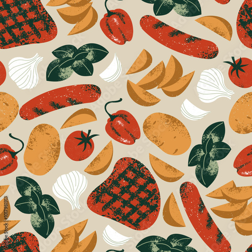 Tasty grill food seamless pattern. Meat steak with garlic and sausage with potatoes. Vector illustration