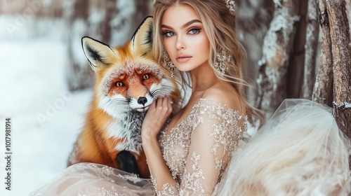 A stunning portrait of a woman in a beautiful gown, embracing a majestic fox in a serene winter landscape.