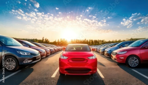  Small city cars fleet. A red car in front. Choosing new car concept. 