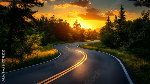 A winding road through a scenic landscape at sunset.