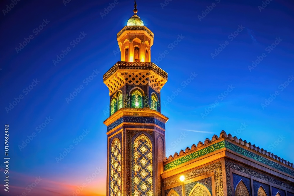Naklejka premium Majestic Minaret Against a Clear Blue Sky with Intricate Architectural Details and Patterns