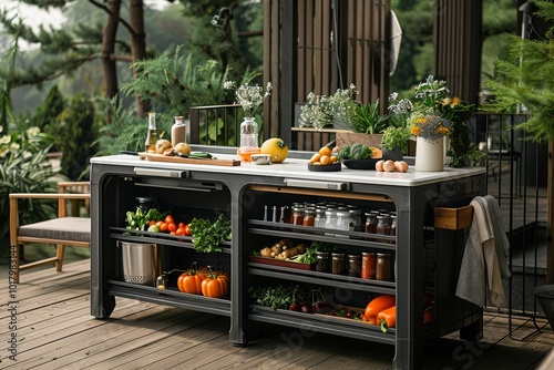 Kitchen island cart with wood top, black finish, wheels, side storage, and a cabinet with door and two shelves for food serving.