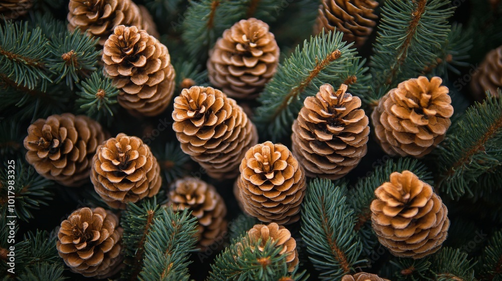 Beautiful arrangement of pinecones and evergreen branches on a rustic blue background Beautiful arrangement of pinecones and evergreen branches on a rustic blue background
