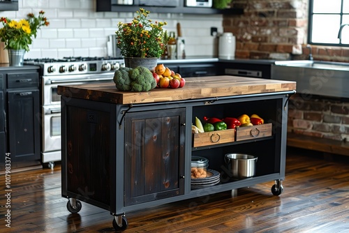 Kitchen island cart with wood top, black finish, wheels, side storage, and a cabinet with door and two shelves for food serving.