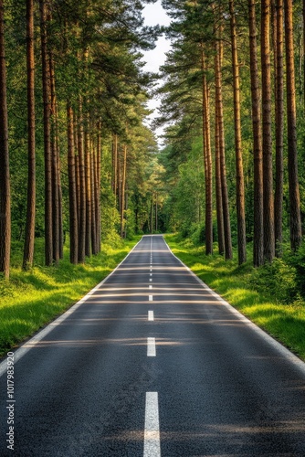 Serene tree-lined road stretching through lush green forest under soft sunlig...