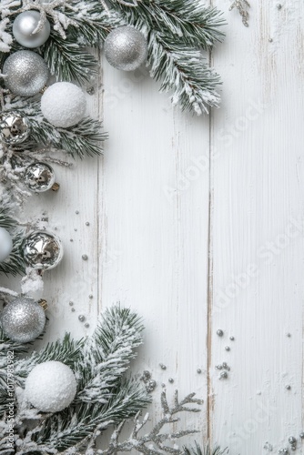 Winter holiday decoration featuring silver ornaments and pine branches on a s...