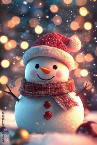 Winter snowman wearing a festive hat and scarf in a cheerful holiday setting