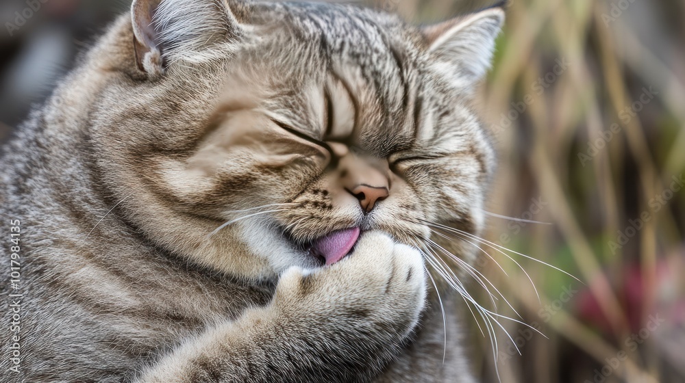 A fluffy cat grooming itself with a content expression. A fluffy cat grooming itself with a content expression.