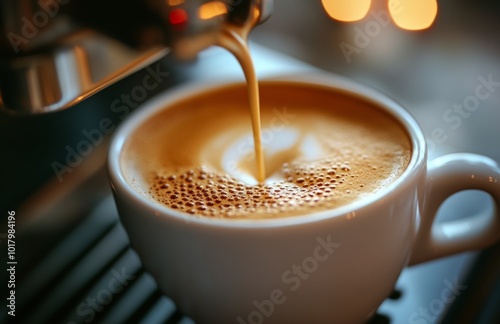 Freshly brewed espresso pouring into a white cup with rich crema in a cozy co...