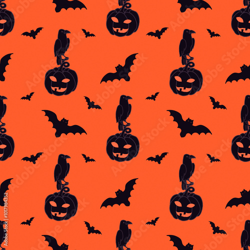Bats and crow on Jack o' lantern on orange background. Halloween print. Illustration with texture  and noise.