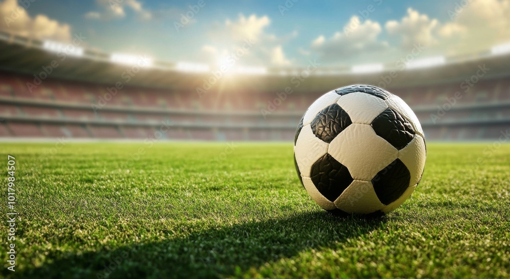 Fototapeta premium A close-up view of a soccer ball resting on a vibrant green pitch during sunset at a stadium