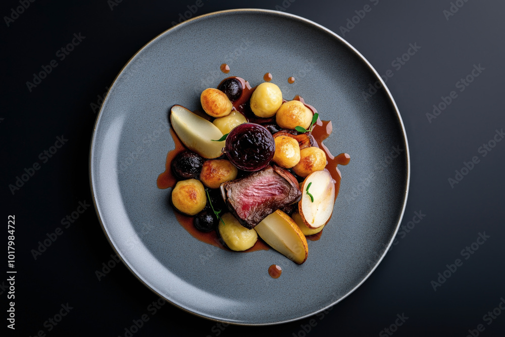 A gourmet plated dish featuring a portion of medium-rare meat, assorted roasted vegetables, and drizzled with a rich sauce on a gray plate. A gourmet plated dish featuring a portion of medium-rare meat, assorted roasted vegetables, and drizzled with a rich sauce on a gray plate.