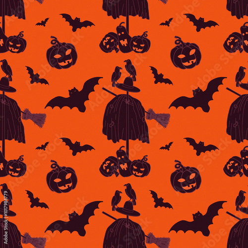 Crows on scarecrow, Jack o' lanterns, bats   on orange background. Halloween print. Illustration with texture  and noise.