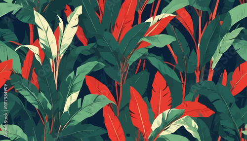 Vibrant Tropical Leaf Pattern with Red and Green Foliage