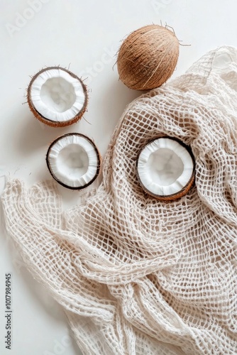 Natural coconuts displayed on a white fabric background in a minimalistic set...