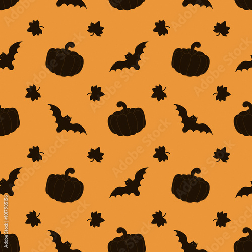 Black leaves, bats and pumpkins on orange background. Halloween print. Illustration with texture of paper and noise.