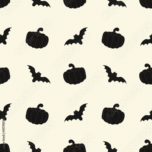 Black bats and pumpkins. Halloween print. Illustration with texture of paper and noise.