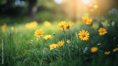 Bright yellow wildflowers bloom under the sun in a lush green meadow during g...