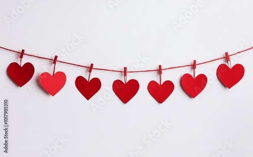 Colorful paper hearts hanging on a string against a white background for deco...